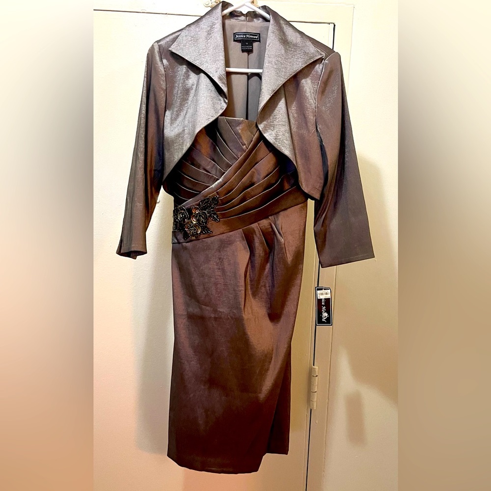 NWT Jessica Howard 2 Piece Dress + Jacket, Taupe, Size 10
